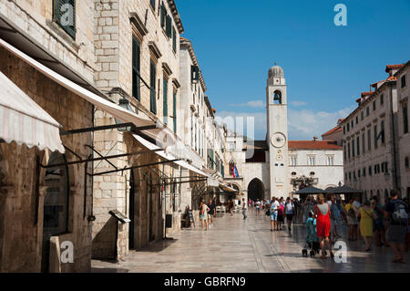 Placa, Stradun and bell tower, old town, Dubrovnik, Dalmatia, Croatia / clock tower, main street