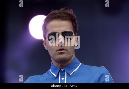 Jules De Martino of The Ting Tings performing during the Isle of Wight festival, in Newport on the Isle of Wight. Stock Photo