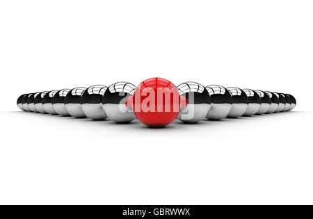 3D render image of a row of sphere representing a leader in front of a group. Stock Photo