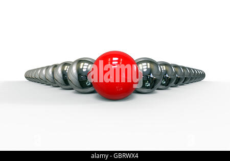 3D render image of a row of sphere representing a leader in front of a group. Stock Photo