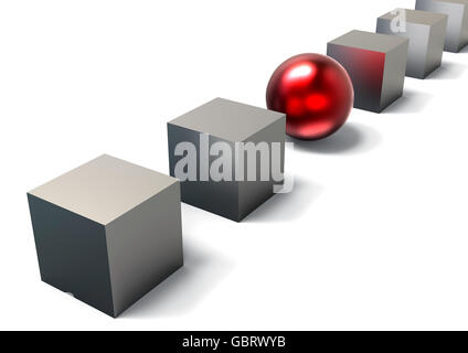 3D render image of a row of cubes with one red ball in the middle representing individual peoples. Stock Photo