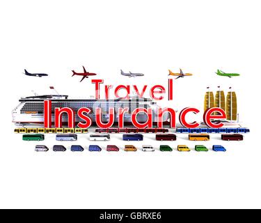 3D render image of a fleet of different type of travel vehicles with text and is representing a travel insurance concept. Stock Photo