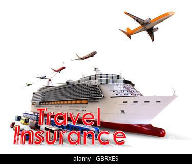 3D render image of different type of travel vehicles with travel insurance text representing travel safety concept. Stock Photo
