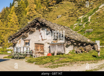 Goat barn in the traditional Swiss Village Isola at the Lake Sils, Engadin, Switzerland. Stock Photo