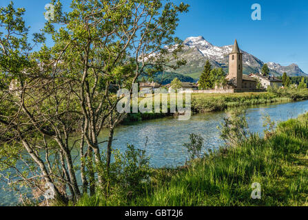 Church of Sils-Baselgia at Lake Sils in Summer, Switzerland Stock Photo