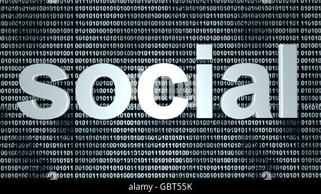 The word social in front of a binary background symbolizing the digital code of software. Stock Photo