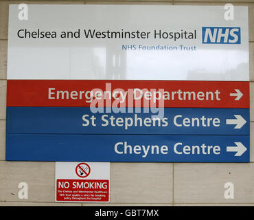 General view of a sign at the Chelsea and Westminster Hospital, in Chelsea, west London, where former Prime Minister Margaret Thatcher has been admitted after breaking her arm. Stock Photo