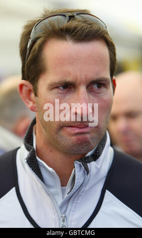 Triple Olympic Gold Medallist, Great Britain's Ben Ainslie grimaces during a Round the Island Race Photocall at the Island Sailing Club in Cowes, Isle of Wight. Stock Photo