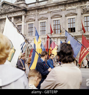 geography / travel, Germany, East-Germany, politics, Labour Day, rally, young men with flags, Unter den Linden, East Berlin, 1.5.1966, Additional-Rights-Clearences-Not Available Stock Photo