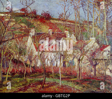 fine arts, Pissarro, Camille (1830 - 1903), painting, 'The Red Roofs', oil on canvas, 1877, Musee du Louvre, Paris, Stock Photo