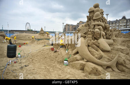 A general view of the annual Sand Sculpture Festival on the beach at Weston-super-Mare. Stock Photo