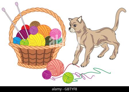 Basket with balls of yarn and cat - vector illustration Stock Vector