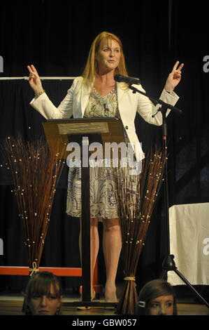 The Duchess of York gives her speech before unveiling a plaque at the newly opened Teenage Cancer Trust Unit at the University Hospital of Wales, Cardiff, Wales. Stock Photo