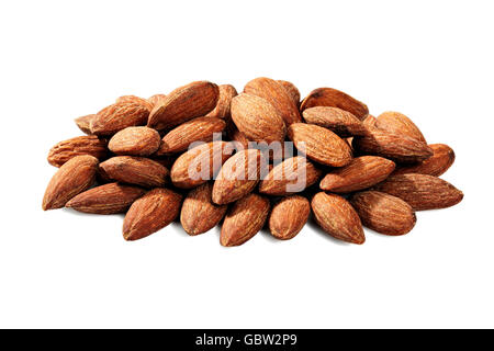 Studio shot of group of almond nuts isolated on white background. Stock Photo