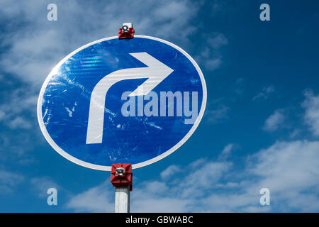 Blue traffic sign turning right with white arrow Stock Photo