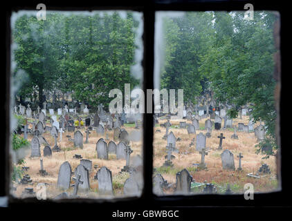 General view of Kensal Green Cemetery as seen through a window Stock Photo