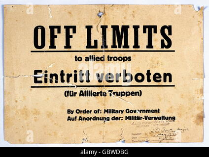 postwar period, Germany, Allied occupation, sign 'Off Limits to allied troops', 7.5.1945, Additional-Rights-Clearences-Not Available Stock Photo