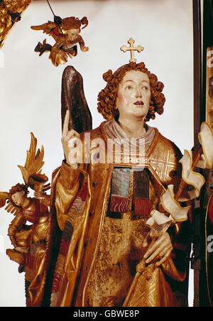 fine arts, Stoss, Veit (circa 1448 - 1533), 'The Annunciation', 1517 / 1518, wood, painted, detail: Archangel Gabriel, Sankt Lorenz, Nuremberg, Germany, Stock Photo
