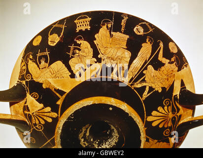 fine arts, ancient world, Greece, vase painting, Attic vessel with images showing ancient instruction, made by Duoris, circa 480 BC, Stock Photo