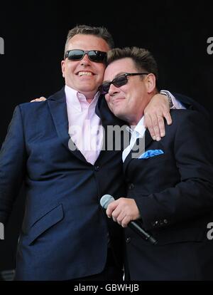 Suggs and Chas Smash (right) of Madness performing during the 2009 Glastonbury Festival at Worthy Farm in Pilton, Somerset. Stock Photo