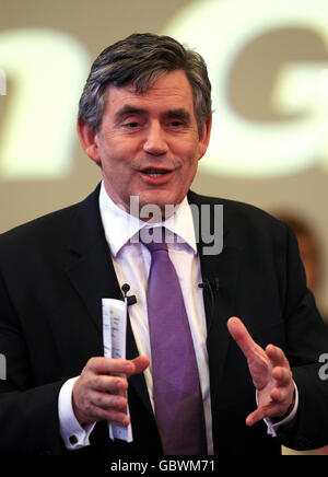 Prime Minister Gordon Brown speaks during a question and answer session on a visit to the British Gas Academy in Leicester. Stock Photo