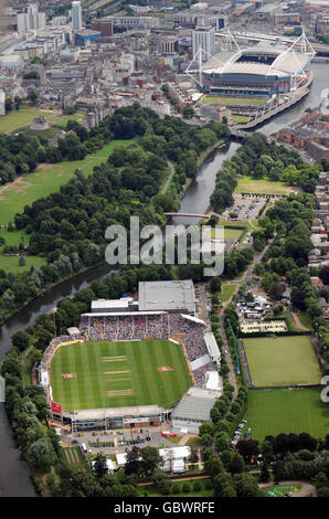 An aerial view of the first day of the first test in the Ashes series in the SWALEC Stadium, Cardiff, with the Millennium Stadium also in view at the top of the picture. Stock Photo