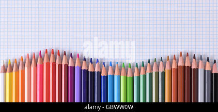 Colored pencils aligned waveform palette on checkered sheet of paper. Top view Stock Photo