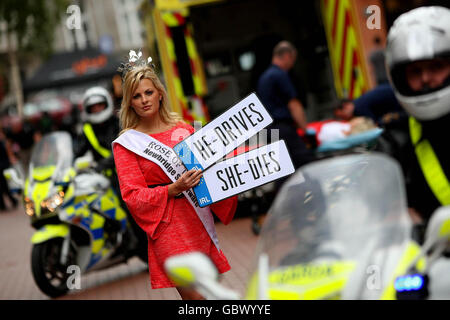 The Rose of Tralee Aoife Kelly along with members of the emergency services launch the Road Safety Authority's 'He Drives, She Dies' campaign on Grafton St in Dublin today. Stock Photo