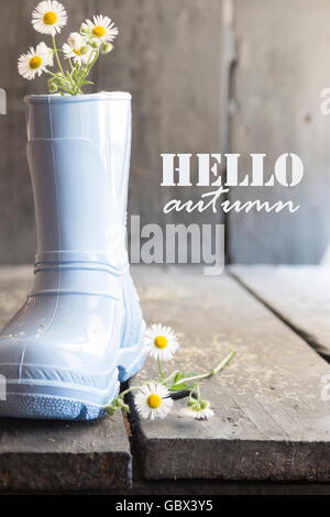 hello autumn idea, daisy and boots on a vintage table, Stock Photo
