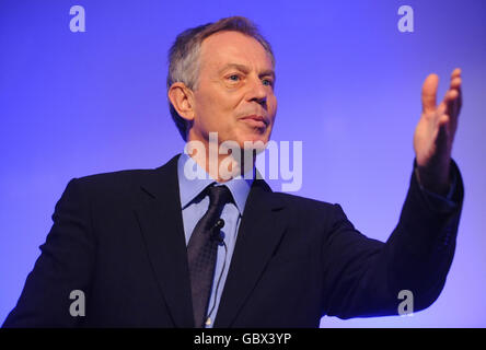 Former Prime Minister Tony Blair - who has a black eye from a mishap at a gym recently - receives the Fenner Brockway medal, for his services to UK India relations, at Deutsche Bank in London. Stock Photo
