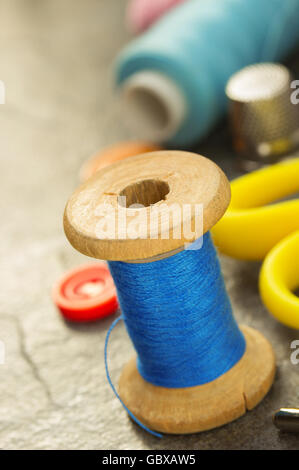 sewing tools and accessories on table background Stock Photo