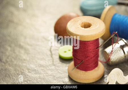 sewing tools and accessories on table background Stock Photo