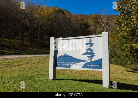 Entrance to Blue Ridge Parkway road sign, Asheville, NC, USA Stock Photo