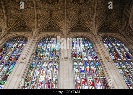 England, Cambridgeshire, Cambridge, King's College Chapel, Stained Glass Windows Stock Photo
