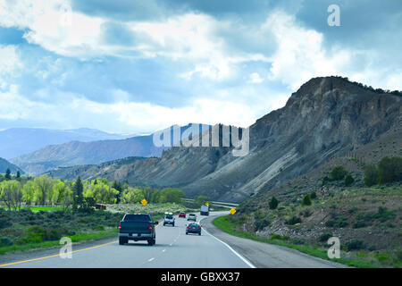 Driving on Interstate 70 from Denver to Utah passing the Rocky Mountains Stock Photo