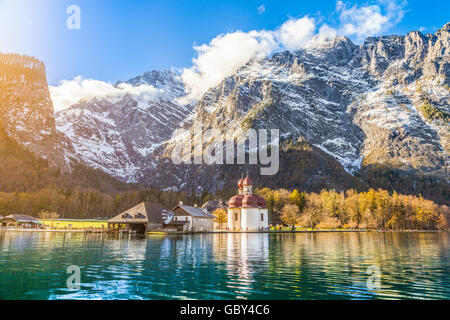 World famous Sankt Bartholomae pilgrimage church at Lake Konigssee with Watzmann mountain in Berchtesgaden, Bavaria, Germany Stock Photo