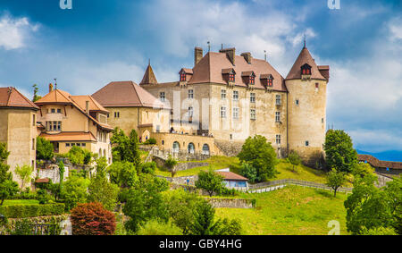 Classic view of the medieval town of Gruyeres, home to the world-famous Le Gruyere cheese, canton of Fribourg, Switzerland Stock Photo