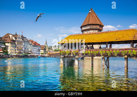 Historic city center of Lucerne with famous Chapel Bridge, the city's main tourist attraction, in summer, Switzerland Stock Photo