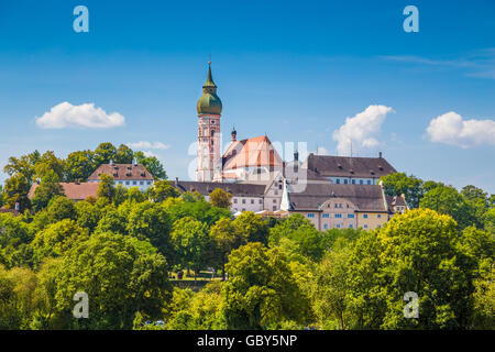 Classic view of famous Andechs Abbey on top of a hill in summer, district of Starnberg, Upper Bavaria, Germany Stock Photo