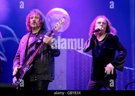 Geezer Butler and Ronnie James Dio of Heaven and Hell performs on stage on Day 1 of Sonisphere Festival at Knebworth. Stock Photo