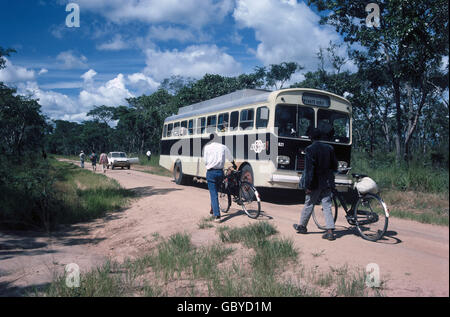 geography / travel, Malawi, transport / transportation, long-distance coach, cyclists and motor car on a strait country road, 1977, Additional-Rights-Clearences-Not Available Stock Photo