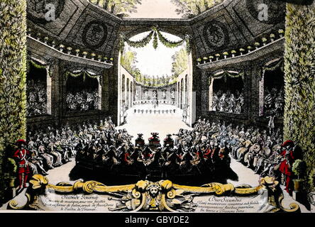 theatre, opera performance in Trianon park, 2nd day of the court feast, 'Les plaisieres de I'isle enchantee' by King Louis XIV, 7. - 14.5.1664, coloured copper engraving by Israel Silvestre, 1673, Additional-Rights-Clearences-Not Available Stock Photo