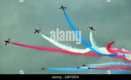 The RAF Red Arrows display at the Royal International Air Tattoo at RAF Fairford, Gloucestershire. Stock Photo