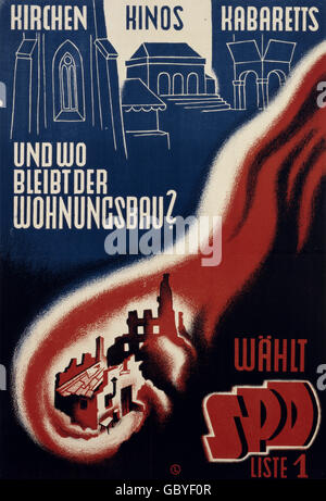 geography / travel, Germany, politics, parties, Sozialdemokratische Partei Deutschlands (SPD), election poster, postwar period, late 1940s, Additional-Rights-Clearences-Not Available Stock Photo