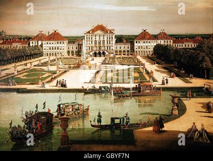 architecture, castles, Nymphenburg Castle, near Munich, view from the garden side, detail, painting from Bernardo Belotto, so called Canaletto (1720-1780), royal palace, kingly residence, royal residence, Munich, Bavaria, Upper Bavaria, Southern Germany, Germany, Central Europe, Europe, baroque, late baroque period, garden, gardens, park, parks, lake, lakes, gondola, gondolas, court, courts, castle park, castle grounds, castle parks, basin, basins, fountain, fountains, castle, castles, exterior view, historic, historical, 18th century, people, Additional-Rights-Clearences-Not Available Stock Photo