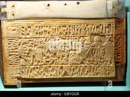 fine arts, Middle Ages, Anglo-Saxons, Box of Auzon (Franks Casket), relief, carving, whale leg, right side, plat, Northumbria, early 8th century, British Museum London, Stock Photo