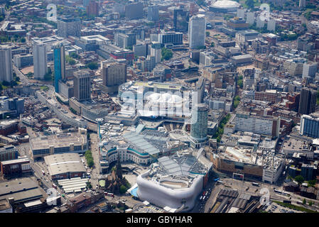 An aerial view of Birmingham City Centre, West Midlands, UK, with HArvey Nichols and the Bull Ring shopping centre foreground Stock Photo
