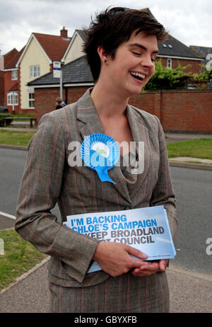 Conservative Party Parliamentary candidate Chloe Smith canvasses on the streets of Taverham, Norwich, Norfolk, ahead of the North Norwich by-elections in the city. Stock Photo