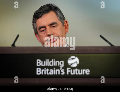 Prime Minister Gordon Brown holds his monthly press conference in Downing Street, London, where he said that economic recovery 'cannot be taken for granted'. Stock Photo