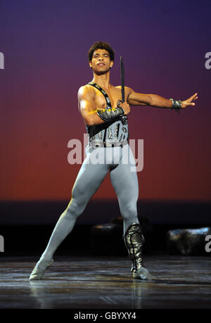 Carlos Acosta performs Spartacus (solos Act I and II) during at photocall and dress rehearsal at the London Coliseum in central London. Stock Photo